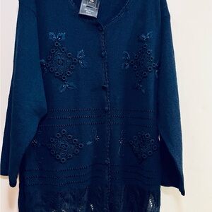 Navy Blue Long Cardigan with embroidered and beaded embellishment